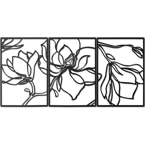 3Panels Metal Flowers WallDecor Modern Abstract Nature Floral Line WallSculpture - Picture 1 of 6